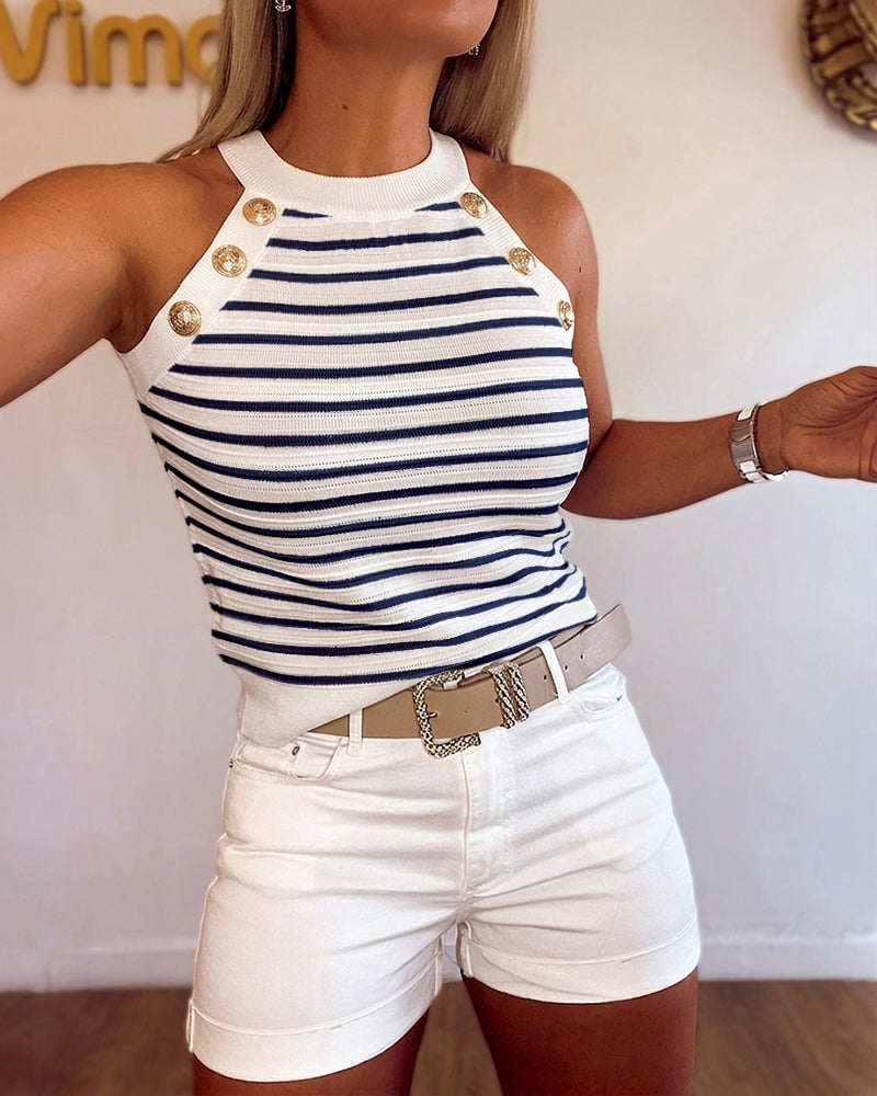 Women's Halter Neck Tank Top Striped Sleeveless Gold Button Contrast Binding Knit Top