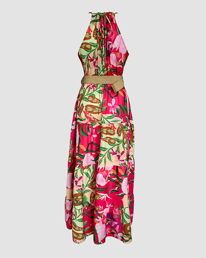Tropical Print Halter Ruched Sleeveless Maxi Dress Casual A Line Flowy Smock Dress
