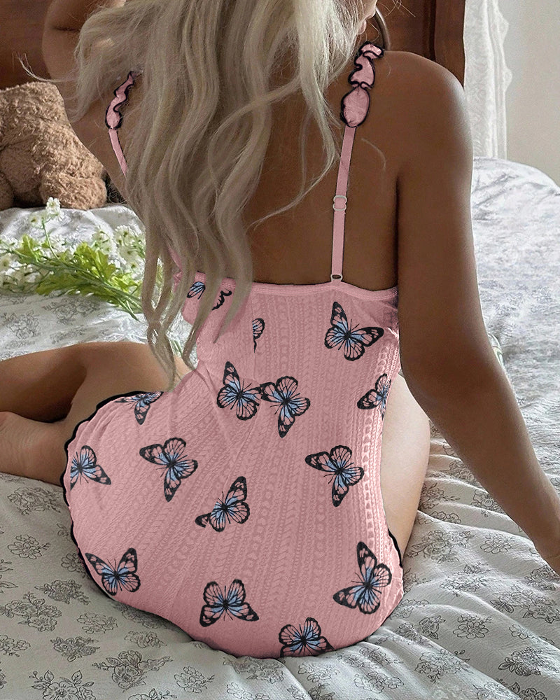 Butterfly Print Notch Neck Adjustable Spaghetti Straps Contrast Piping Trim Romper Slim Fit Bowknot Decor Ruffles Spliced Backless Jacquard Textured Pajama Romper