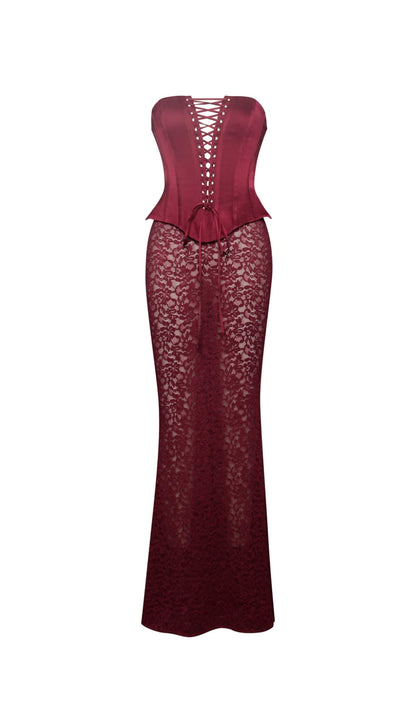 Burgundy Satin Lace Corset Maxi Dress