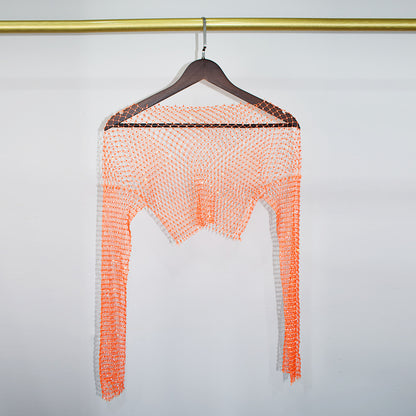 BLING LONG SLEEVE NET CROP TOP