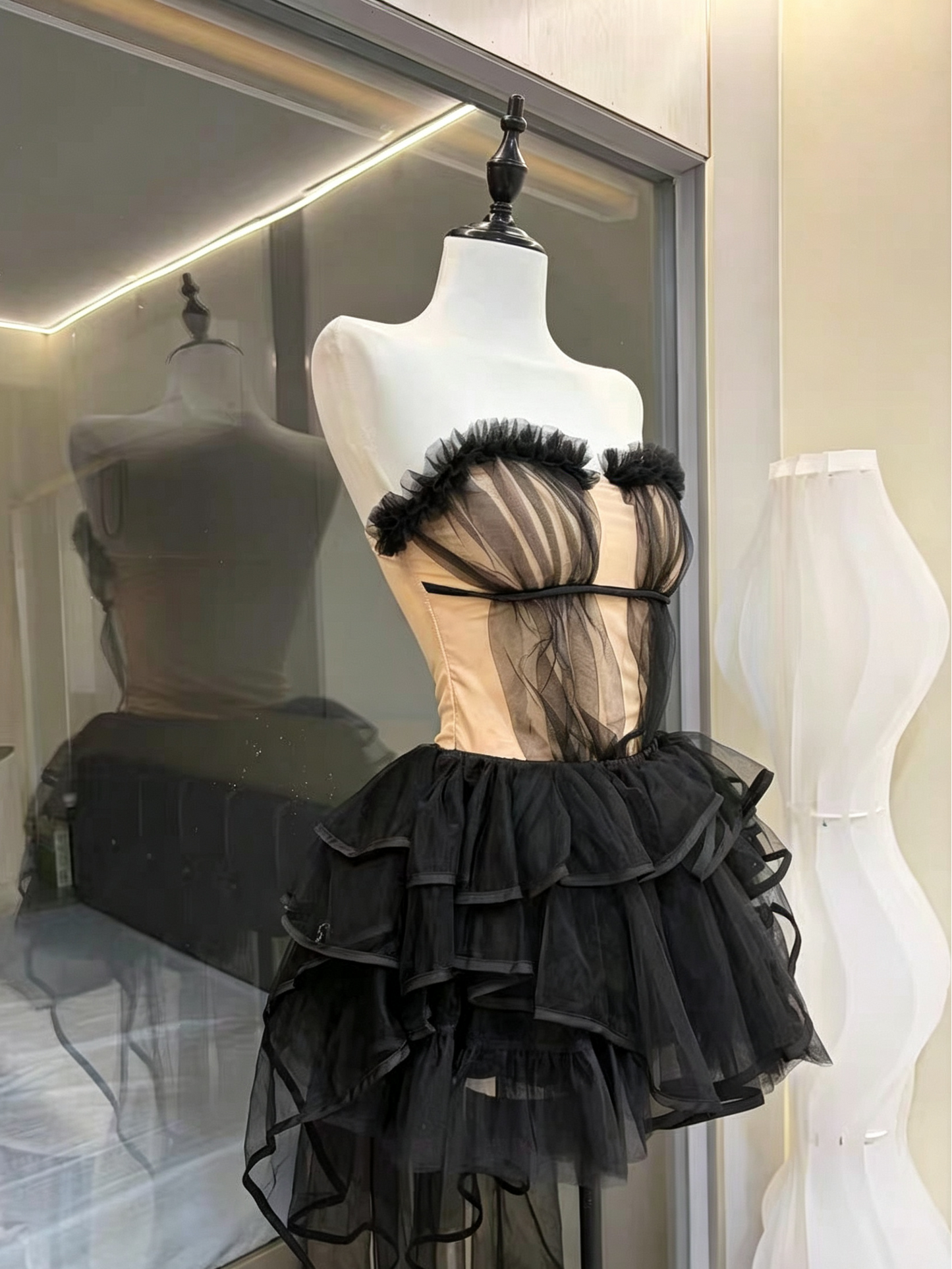 Black Strapless Ruffle Mesh Corset Top & High Low Tulle Skirt Set