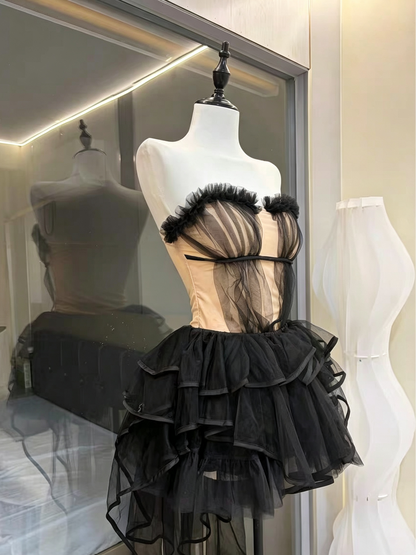Black Strapless Ruffle Mesh Corset Top & High Low Tulle Skirt Set