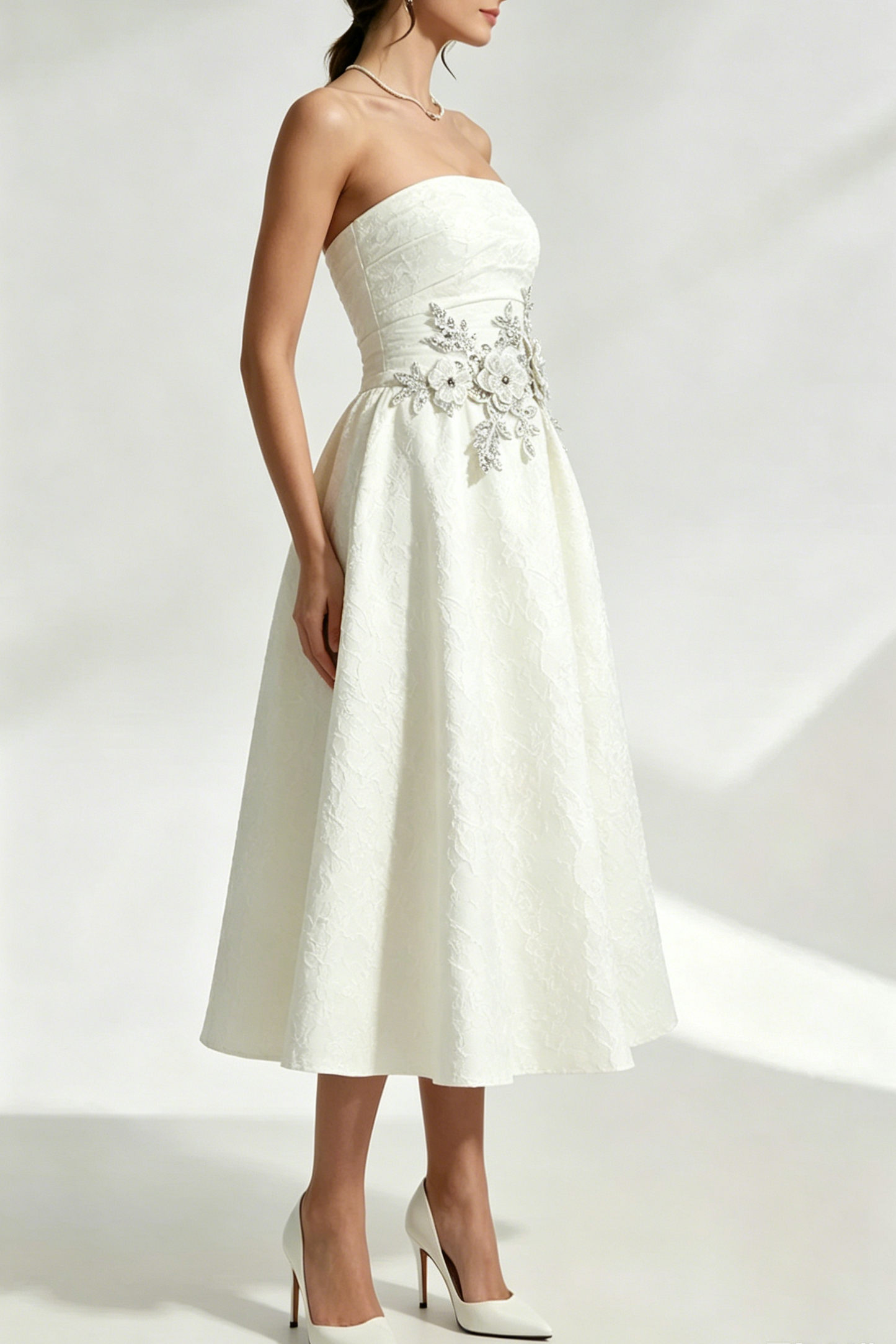 Lace Flower Embroidery Saoirse Midi Dress - Ivory