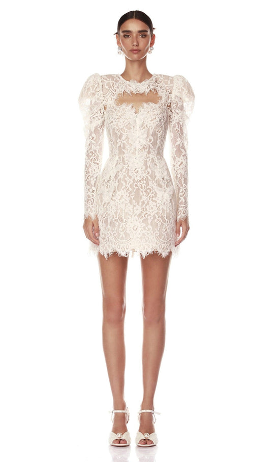 Lace embellished mini dress in white