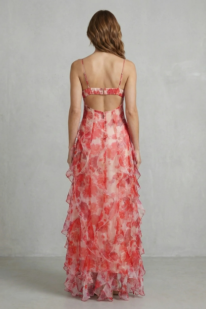 Fiorella – Watercolour bloom flow – Ruffled chiffon maxi dress