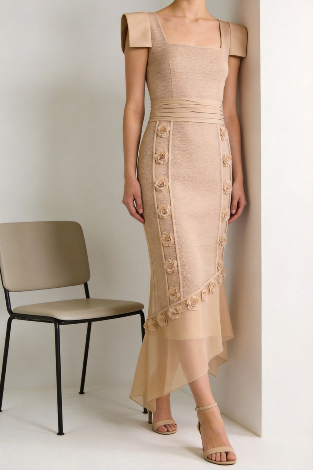 Beige Midi Skirt with Floral Appliqué and Asymmetric Hem plum linen-viscose, cotton poplin or washed silk blend Midi Skirt - product view 5