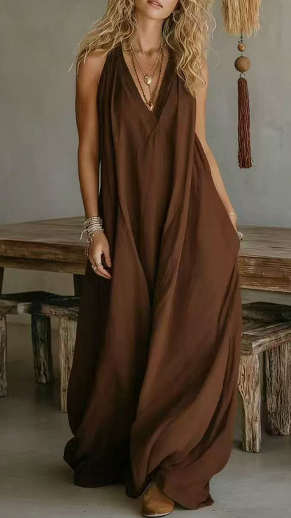 Halter V-Neck Linen-Blend Maxi Dress