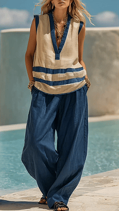 Casual Vacation Style - Color-Block Stripe Cotton-Blend Two-Piece Set