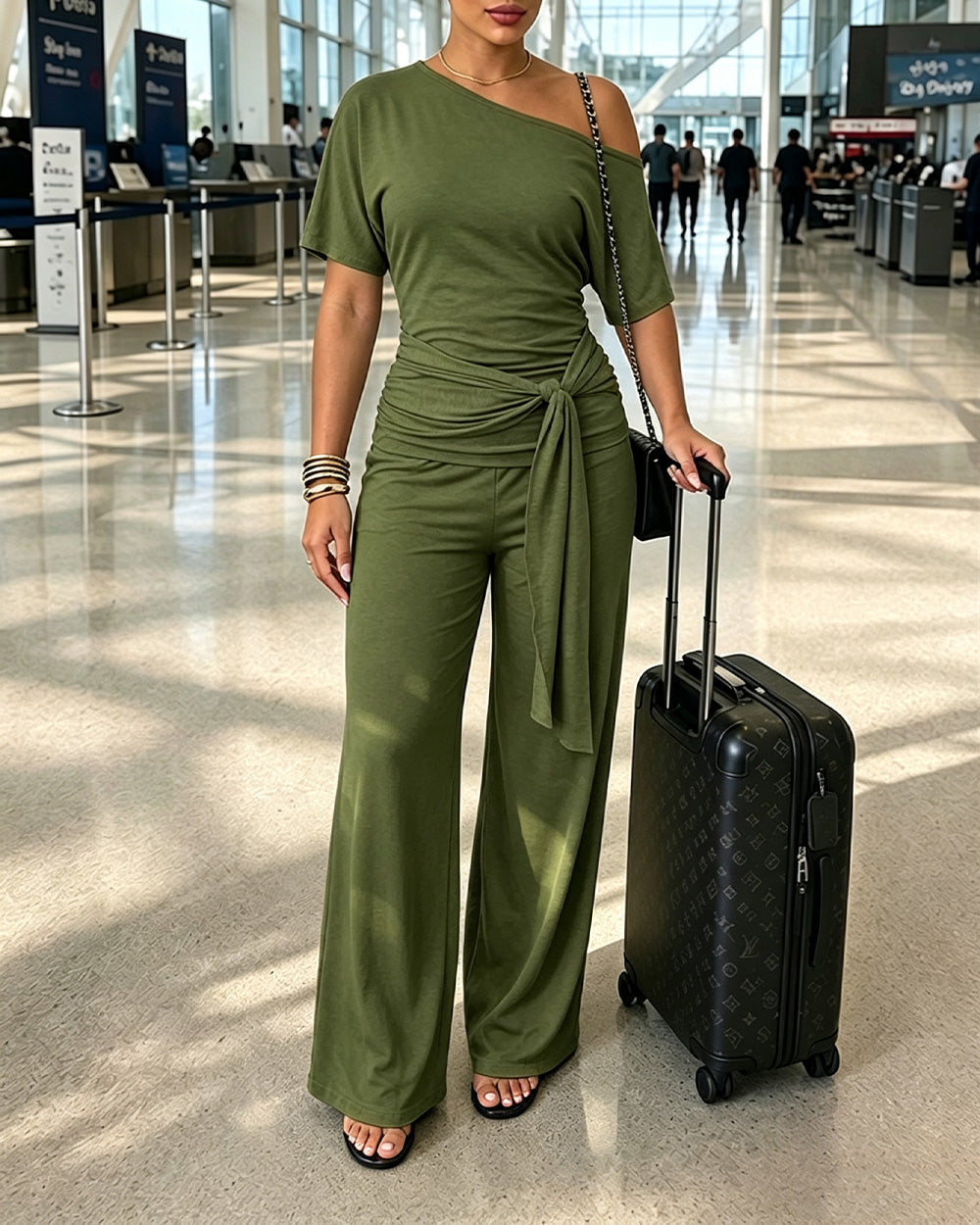 Women's Skew Neck 2 Piece Outfits Ruched Tie Waist Short Sleeve Top and High Waisted Wide Leg Pants Lounge Set