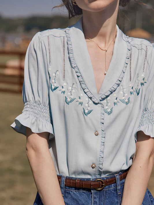 Convallaria Floral Embroidered Blue Puff Top