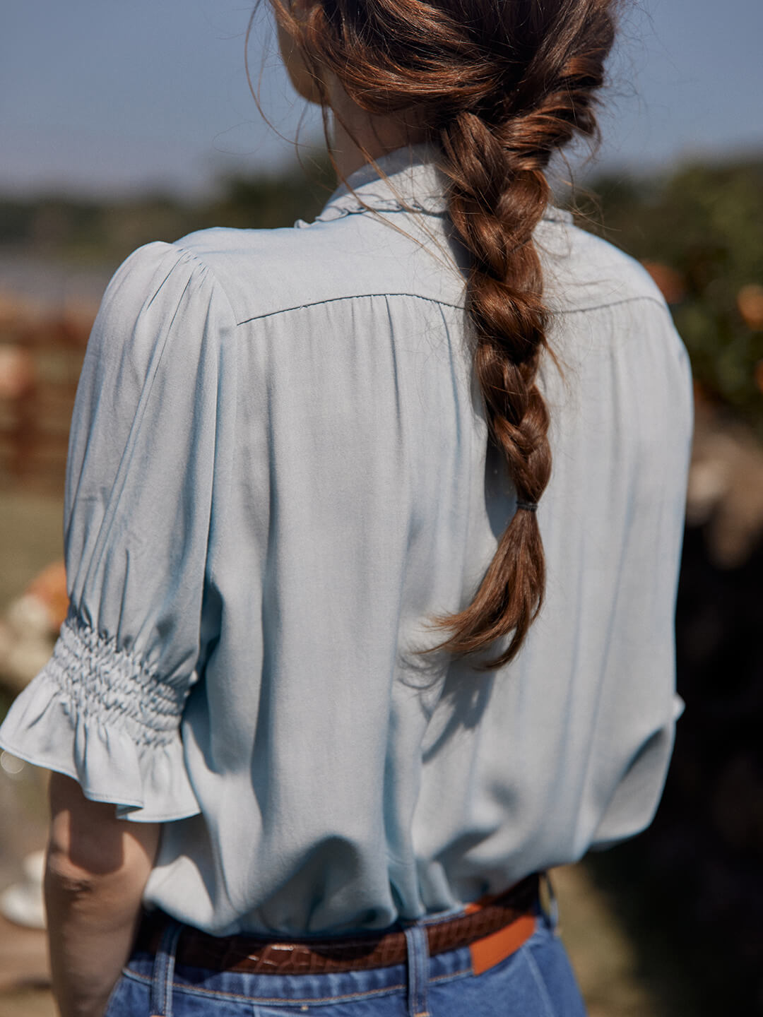 Convallaria Floral Embroidered Blue Puff Top
