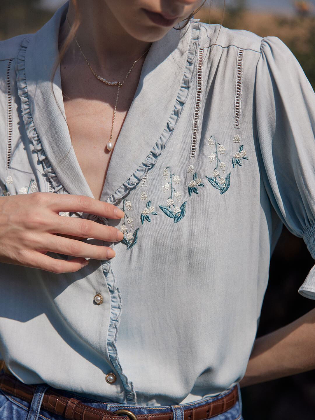 Convallaria Floral Embroidered Blue Puff Top