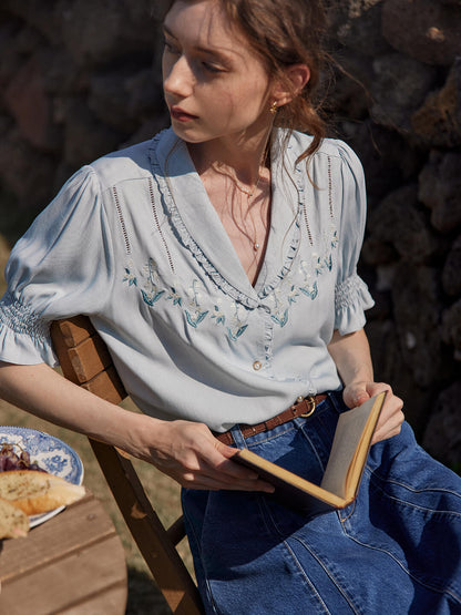 Convallaria Floral Embroidered Blue Puff Top