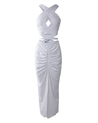 Women's Two Piece Set Criss Cross Halter Backless Crop Top and High Slit Ruched Skirt Sexy Matching Set