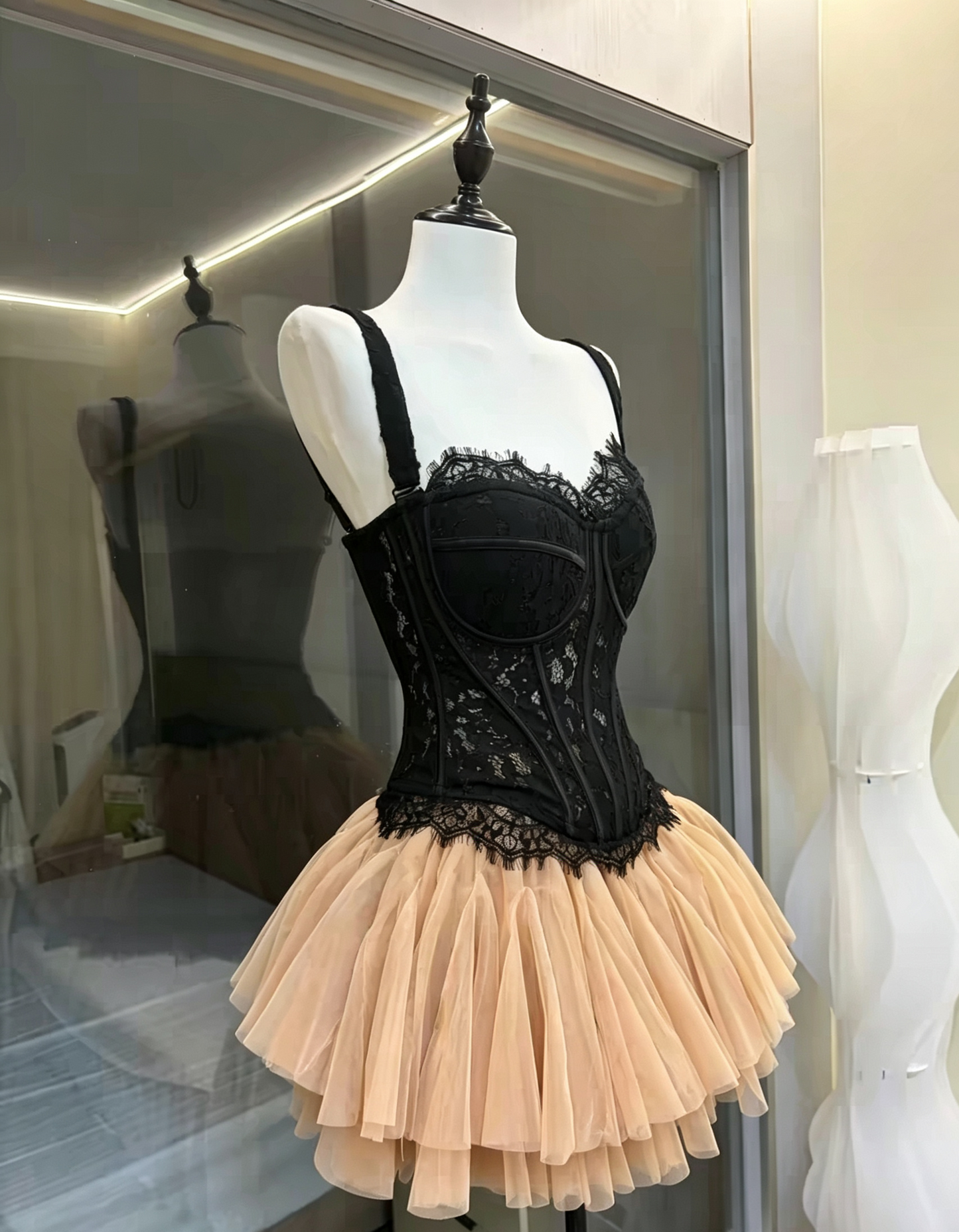 Black Lace Corset & Nude Tulle Tutu Two-Piece Set