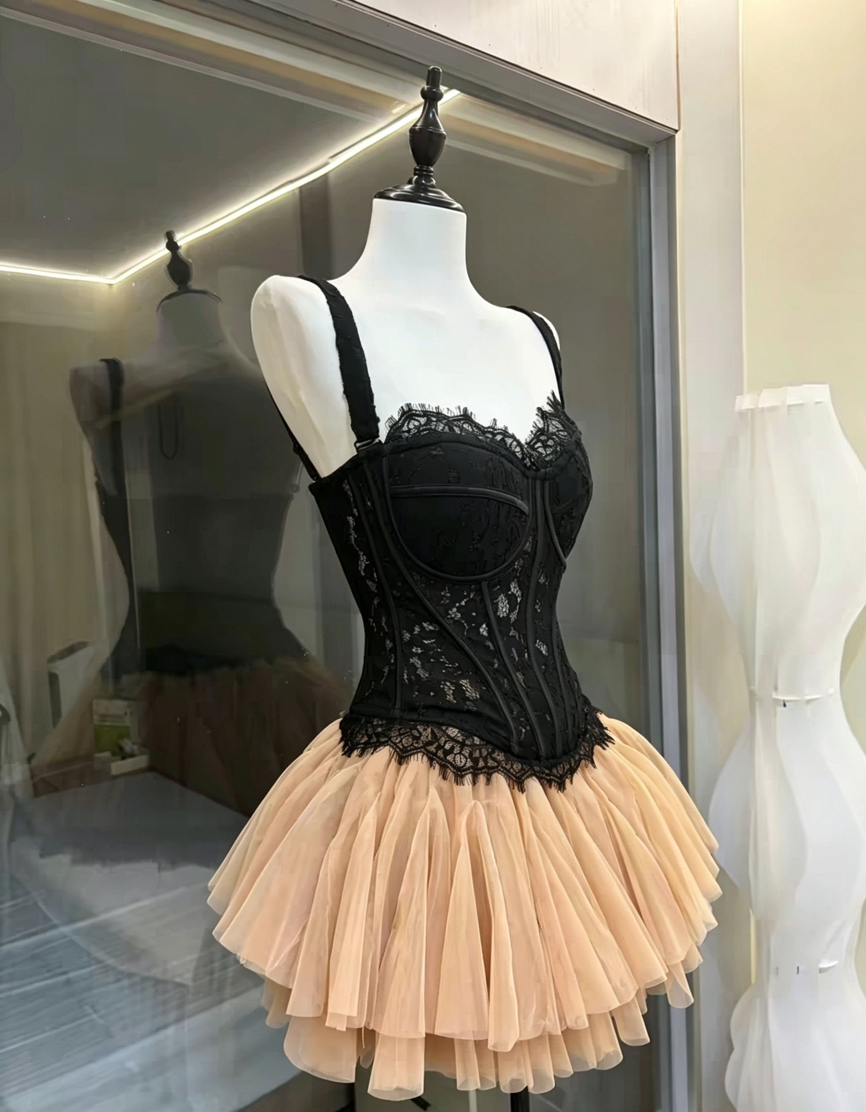 Black Lace Corset & Nude Tulle Tutu Two-Piece Set