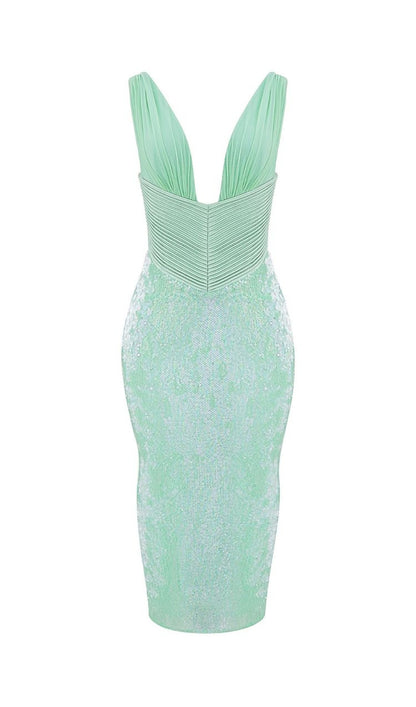 V neckline sequin midi dress in green