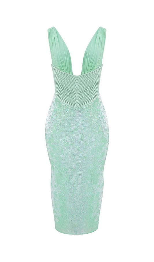 V neckline sequin midi dress in green
