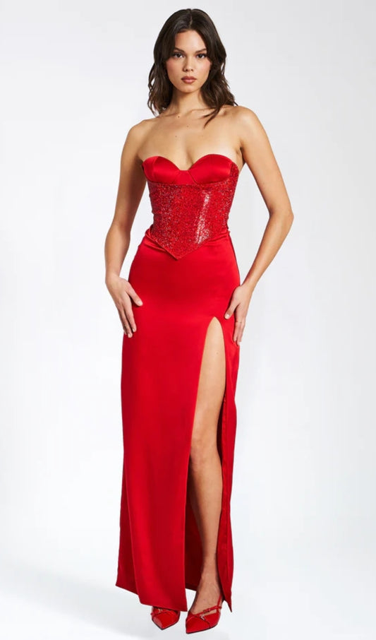 Satin lace-up split maxi dress in red