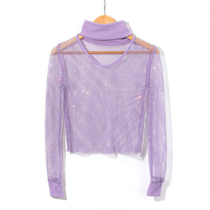 BLING RHINESTONE FISHNET TURTLENECK TOP