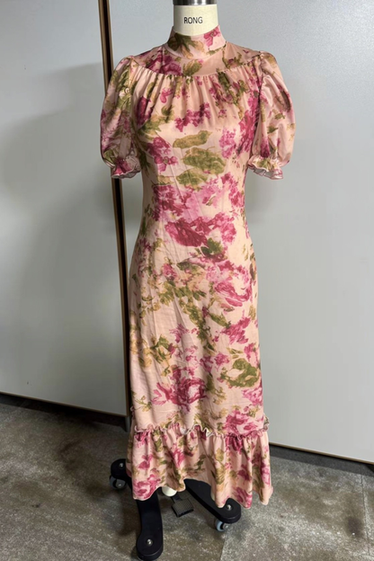 pamela Vintage Rose Print Maxi Dress With Puff Sleeves