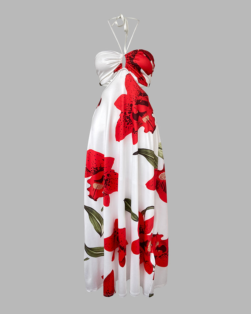Floral Print Halter Sleeveless Hollow-out Front Cami Dress Casual Cutout Waist Maxi Dress