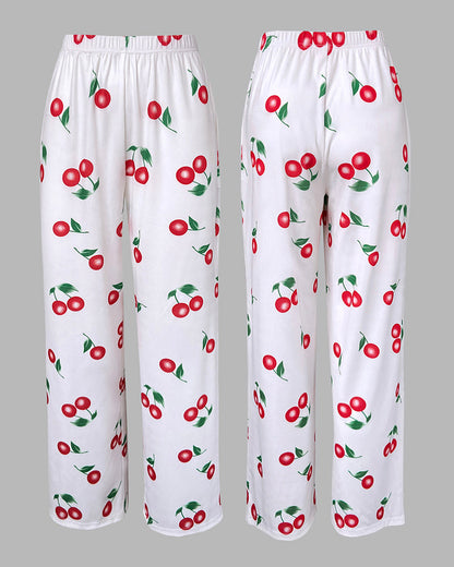 2 Pieces Outfit Letter & cherry Print Short Sleeve Frill Trim Top and Elastic Waist Pants Set Casual Ribbed Pajamas Set