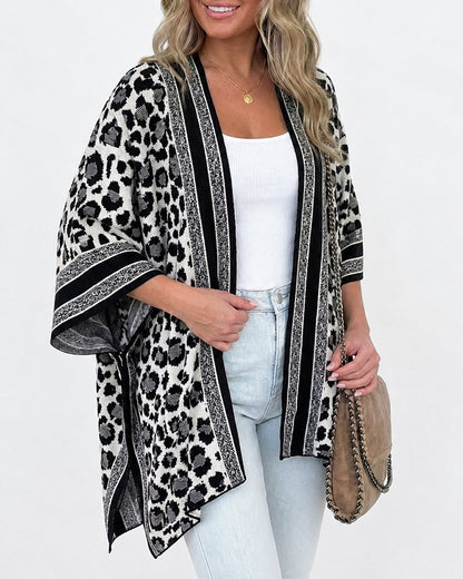 Women's Leopard Print Poncho Cardigan Contrast Striped Trim Open Front Loose Fit Batwing Sleeve Knit Cape Shawl