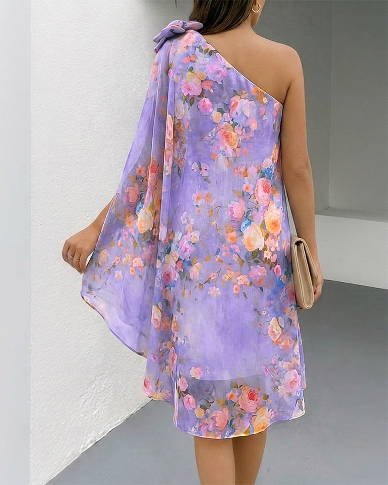 CHICME Women's Floral Print One-Shoulder Chiffon Dress 3D Floral Decor Split Sleeve Loose A-Line Mini Dress