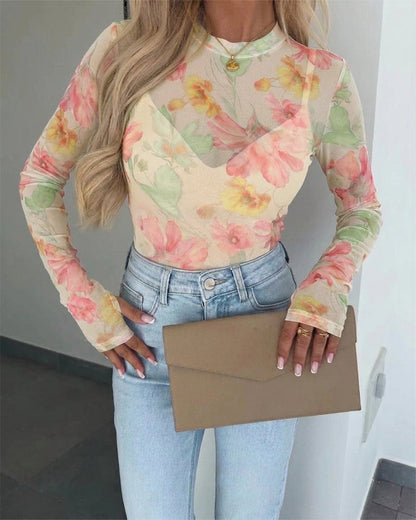 Women's French Style Watercolor Floral Print Mesh Top Long Sleeve Sheer Blouse See Through Slim Fit Tee with Thumbholes