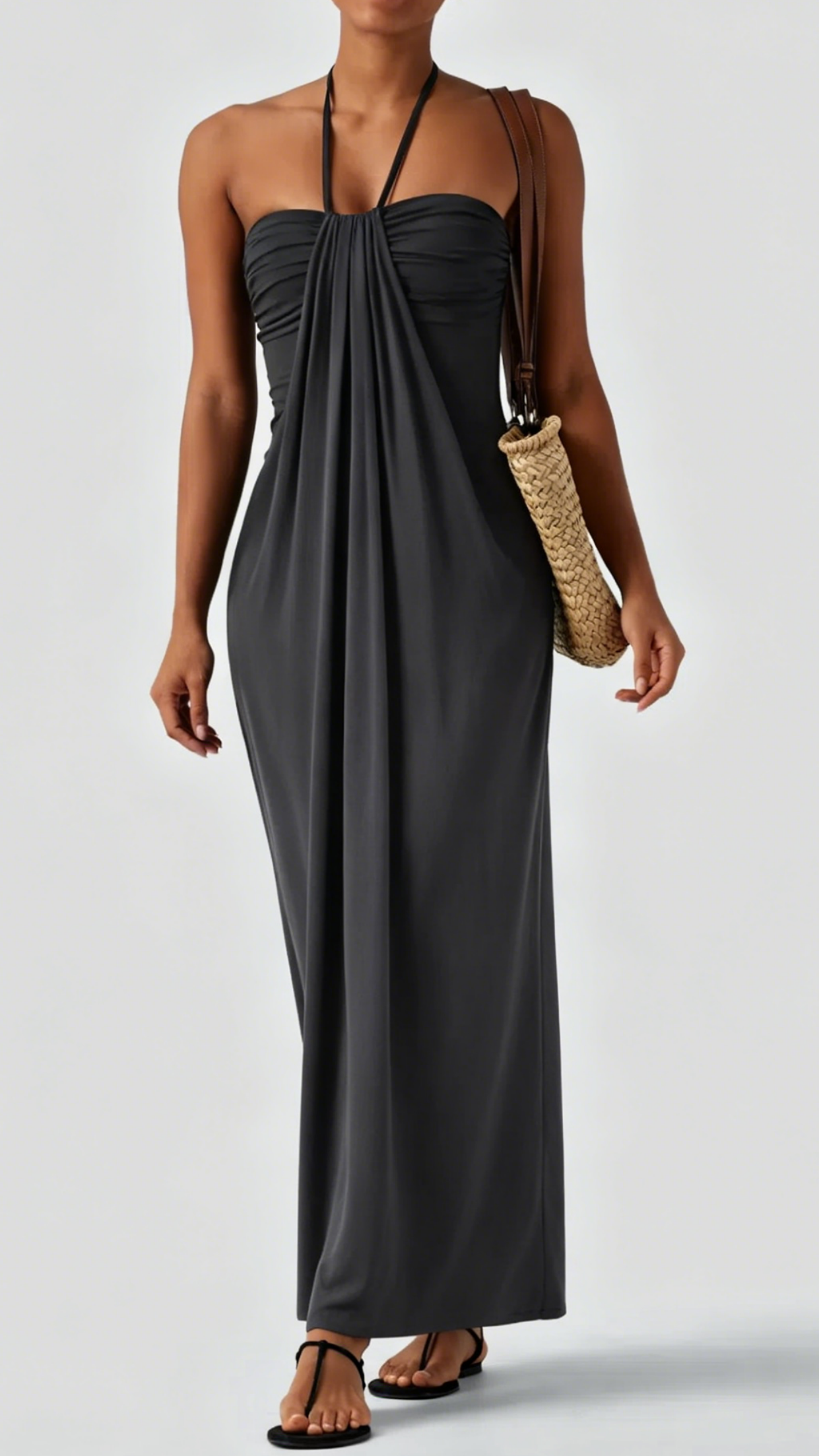 Women's Minimalist Linen-Blend Lace-Paneled Strapless With Spaghetti Straps Maxi Dress
