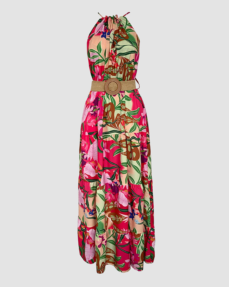 Tropical Print Halter Ruched Sleeveless Maxi Dress Casual A Line Flowy Smock Dress