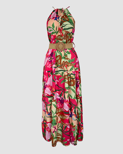 Tropical Print Halter Ruched Sleeveless Maxi Dress Casual A Line Flowy Smock Dress