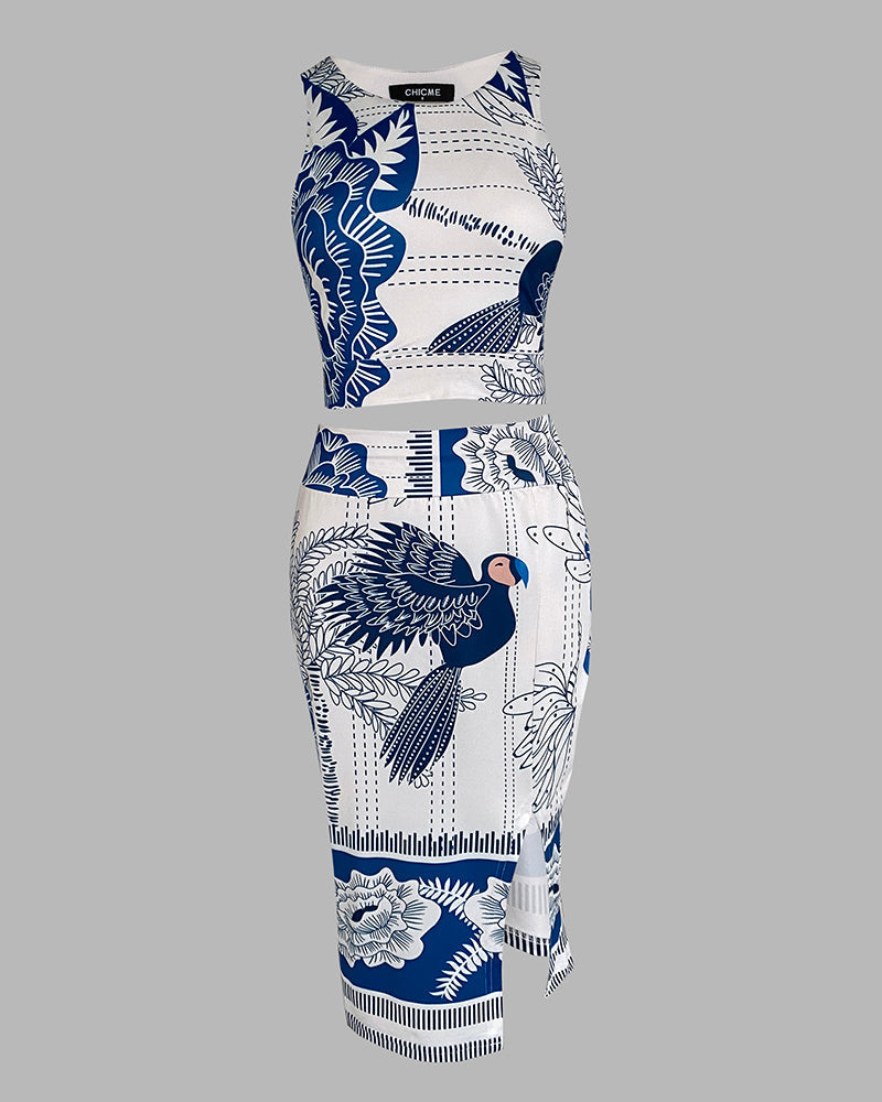 Women's Vintage Print Two Piece Set Crop Tank Top and High Waist Side Slit Slim Fit Midi Skirt Elegant Matching Set