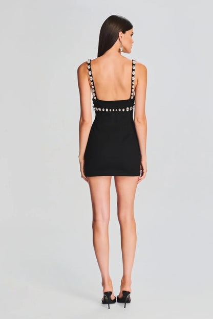 Embellished strappy mini dress in black