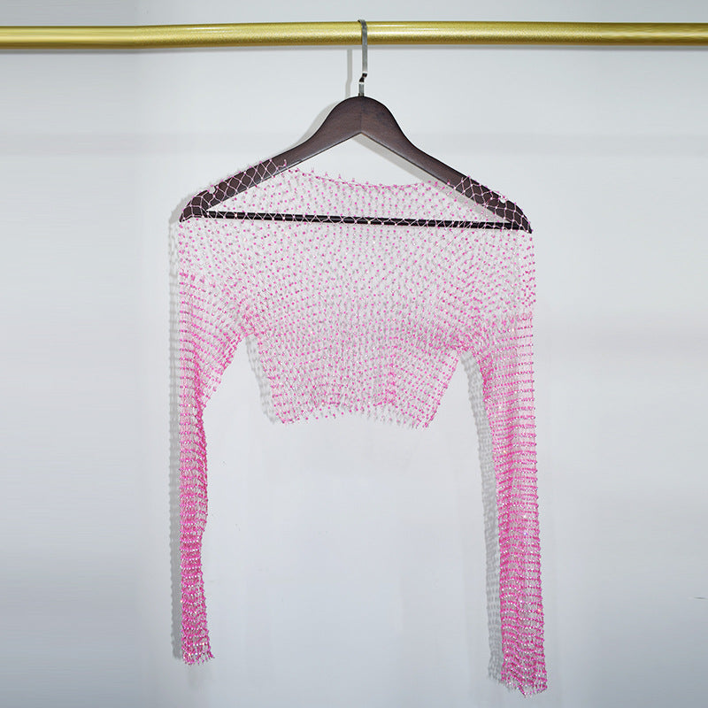 BLING LONG SLEEVE NET CROP TOP
