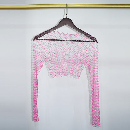 BLING LONG SLEEVE NET CROP TOP
