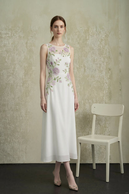 White Sleeveless Round Neck Sheer Mesh Bust Panel Handmade Purple Rose Floral Embroidery Flowy A-Line Midi Dress