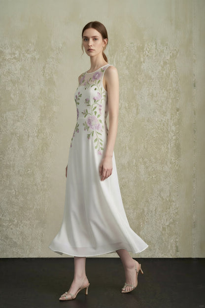 White Sleeveless Round Neck Sheer Mesh Bust Panel Handmade Purple Rose Floral Embroidery Flowy A-Line Midi Dress