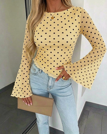 Women's Polka Dot Mesh Top Flare Long Sleeve Boat Neck Lined Asymmetric Frill Hem Blouse Vintage Party Shirt