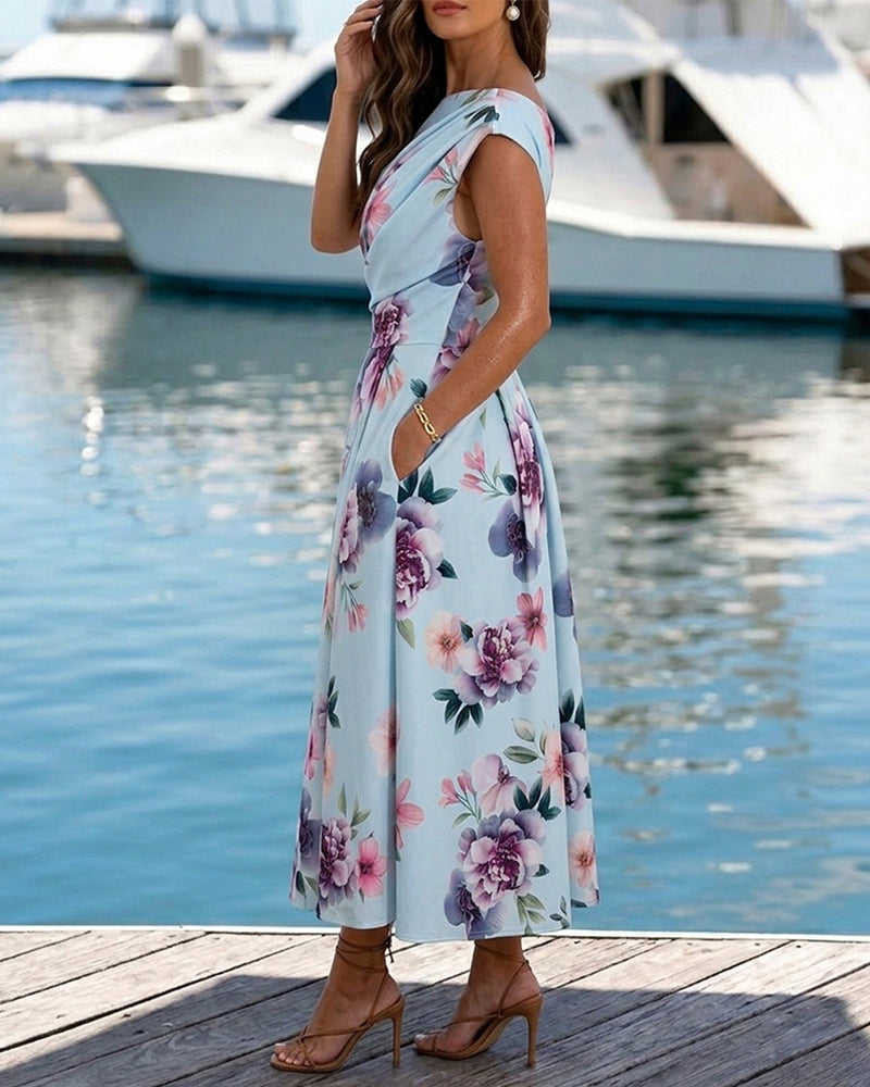 Women's Skew Neck Midi Dress Elegant Ruched Floral A-Line Dress High Waisted Vacation Dress with Pockets