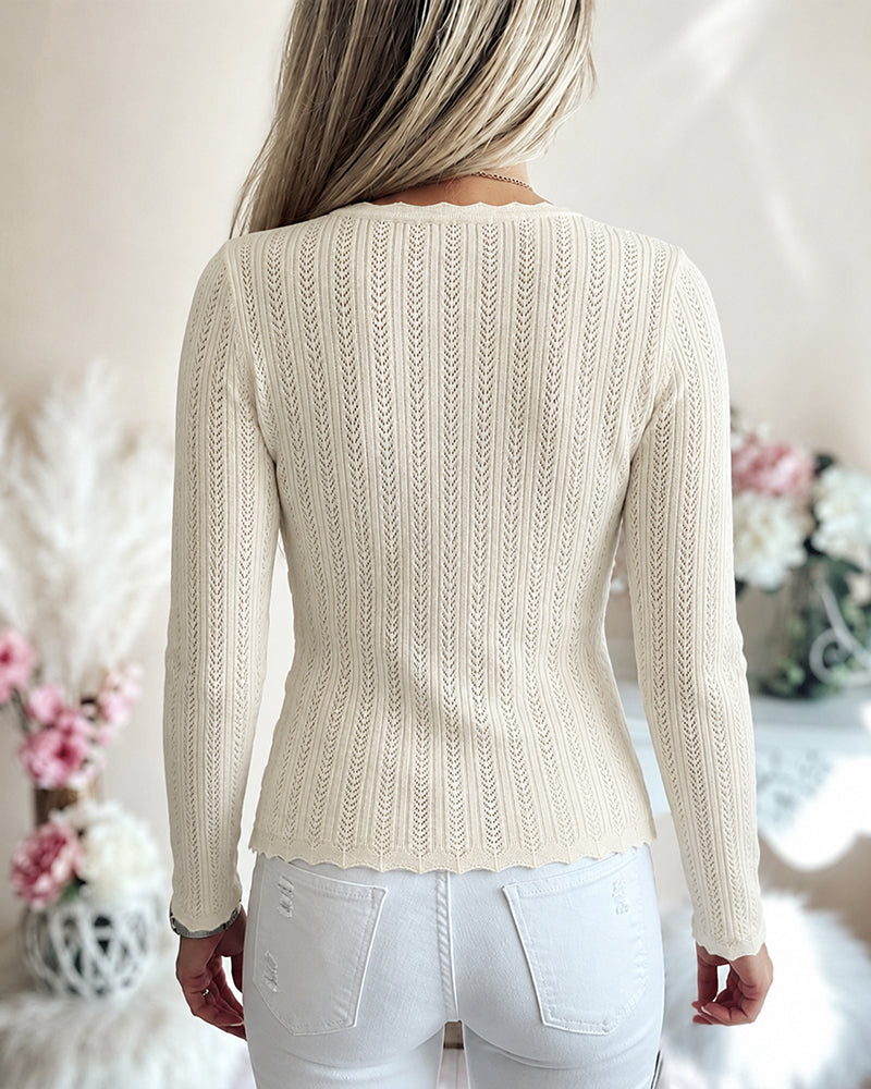 Women's Crossover V Neck Knit Top Side Button Ruched Long Sleeve Sweater Scallop Trim Slim Fit Casual Top