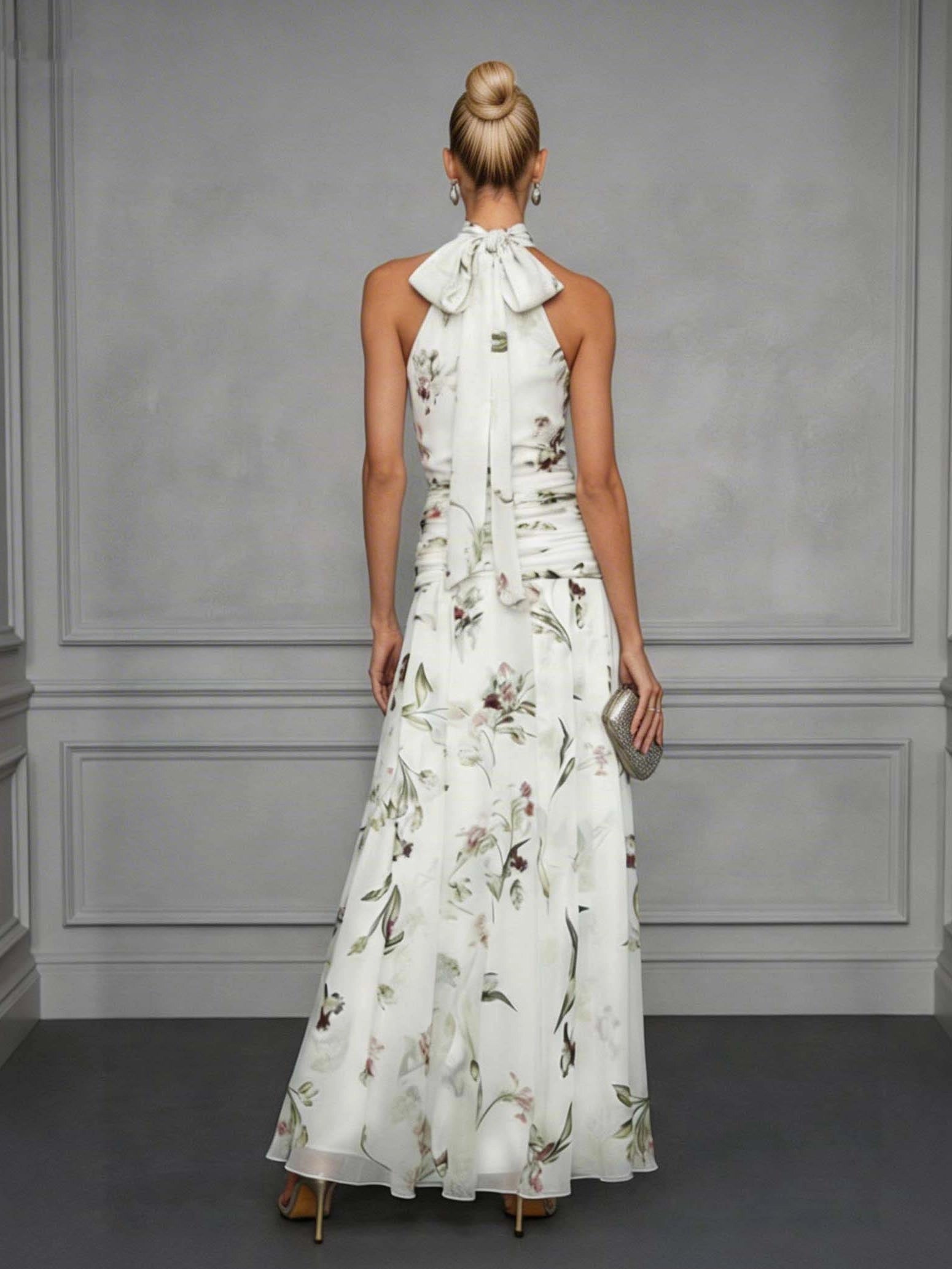 Halter neck floral printed bow tie maxi dress - white