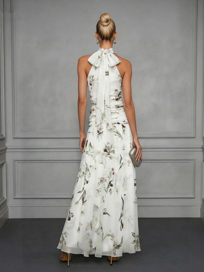 Halter neck floral printed bow tie maxi dress - white