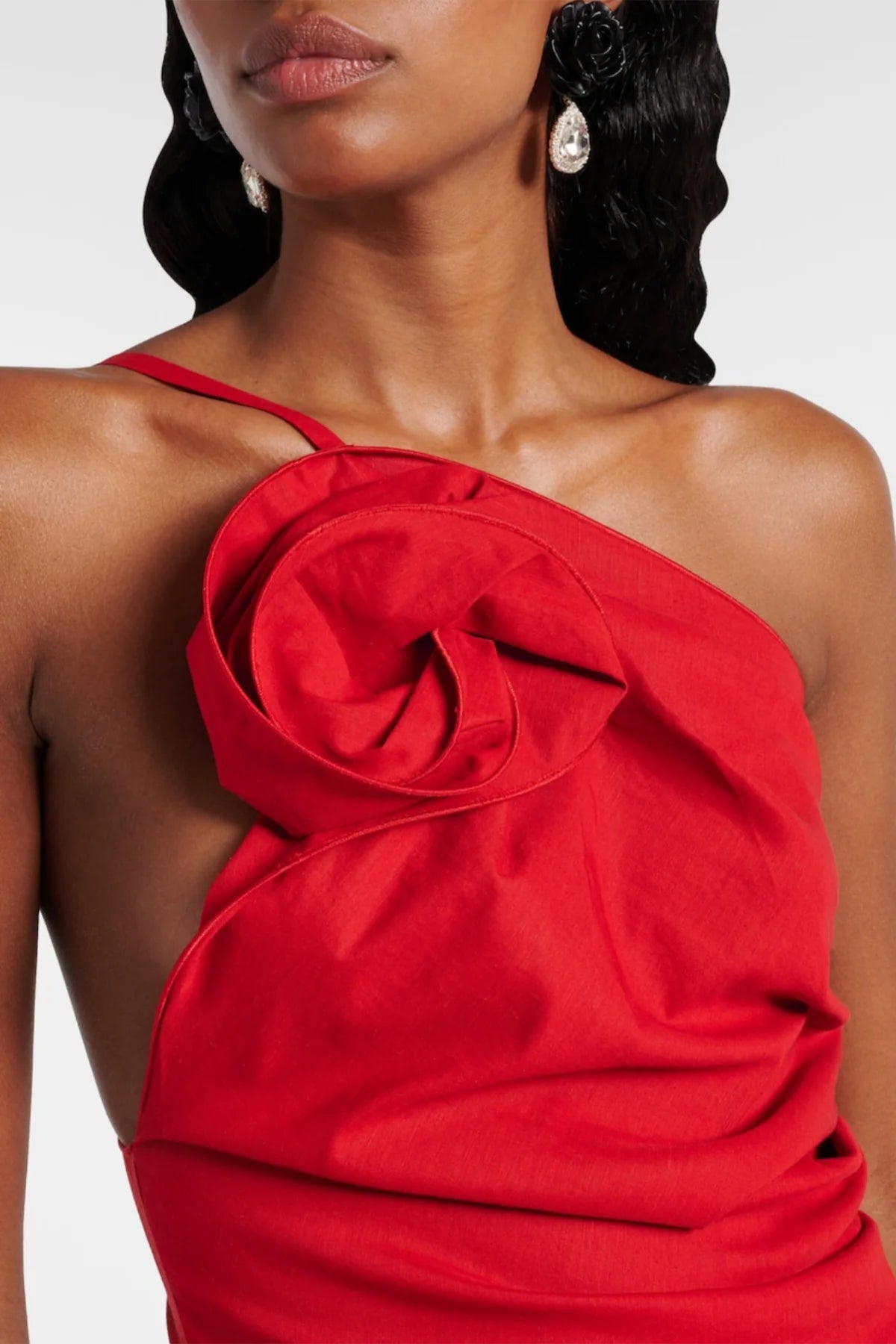 Red One-Shoulder Rose-Draped Dress Premium Fabric Womenswear - product view 1