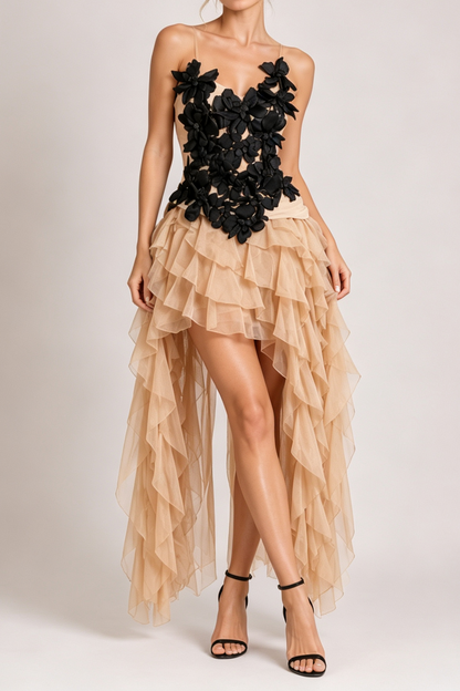 Nude Sheer Strap Black 3D Floral Corset Top & High Low Ruffle Tulle Skirt Set