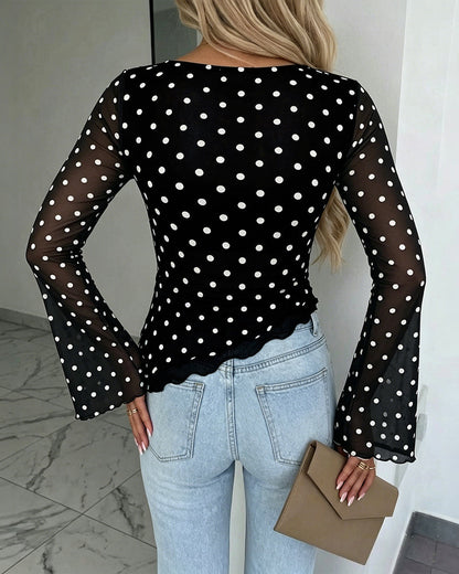 Women's Polka Dot Mesh Top Flare Long Sleeve Boat Neck Lined Asymmetric Frill Hem Blouse Vintage Party Shirt