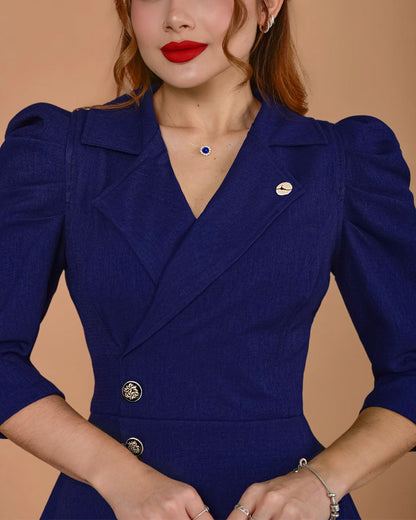 Women's Notch Lapel Blazer Dress Puff Sleeve Side Button Asymmetrical Pleated Hem A Line Work Dress