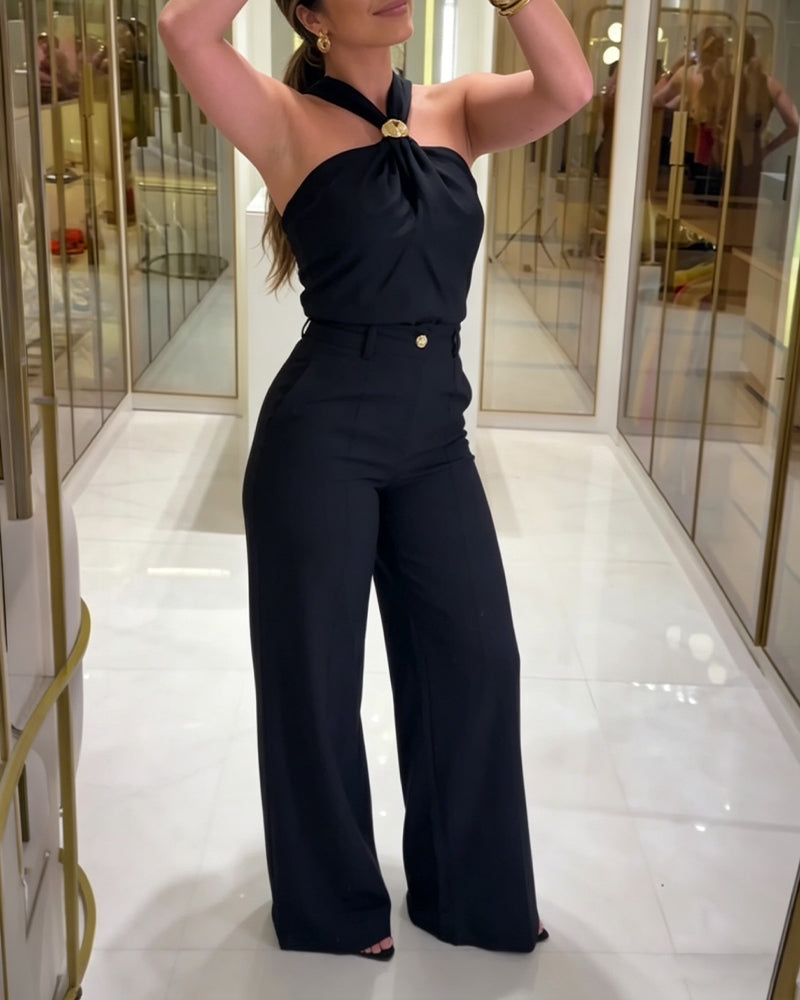 Women's 2 Piece Outfits Halter Neck Ruched Top and Wide Leg Pants Set Elegant Gold Decor Suits